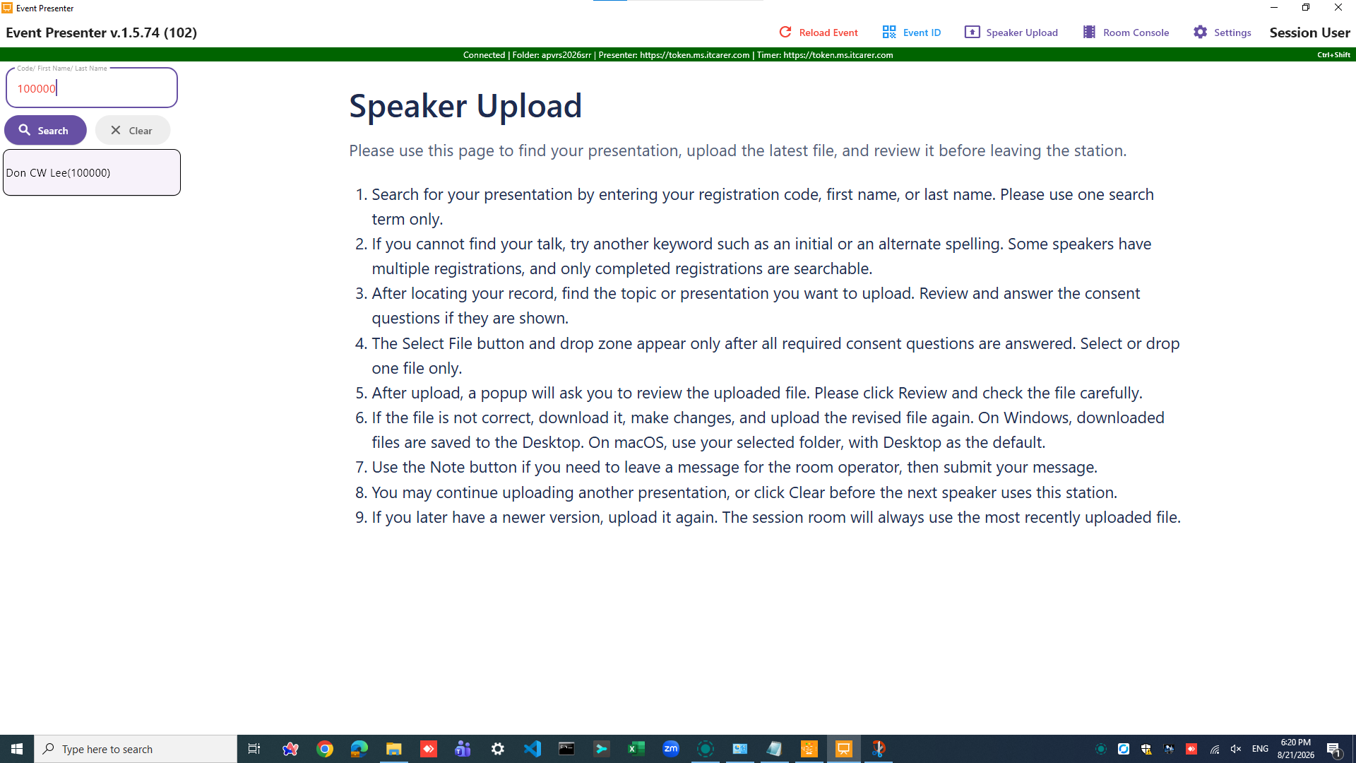 Speaker Upload workspace showing the speaker search panel and matching results