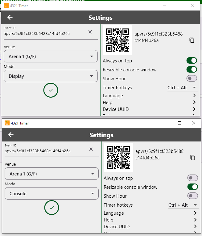 4321 Timer configuration showing the mode selector and shared room selection.