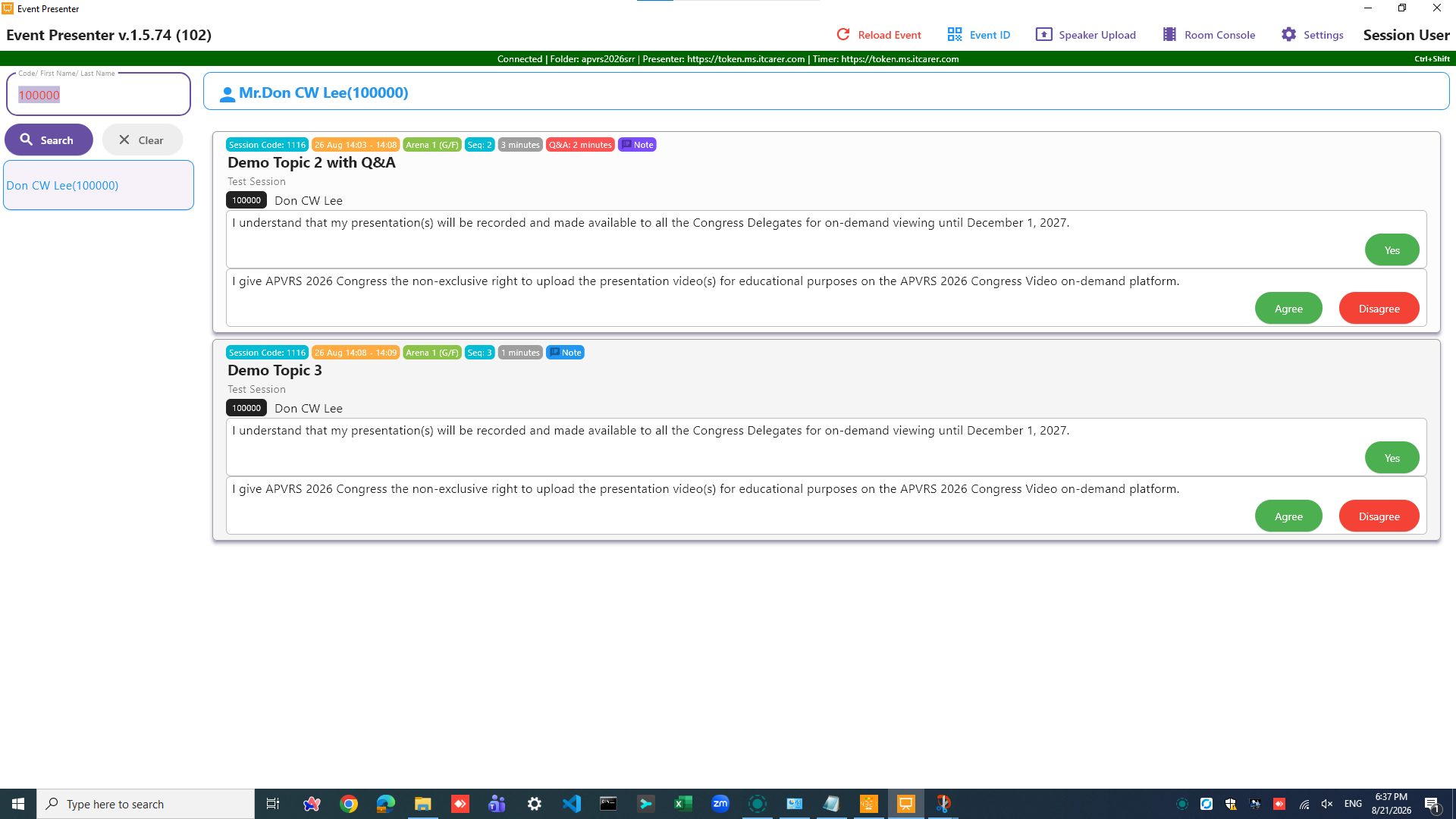 Selected speaker with assigned presentation topics and session details