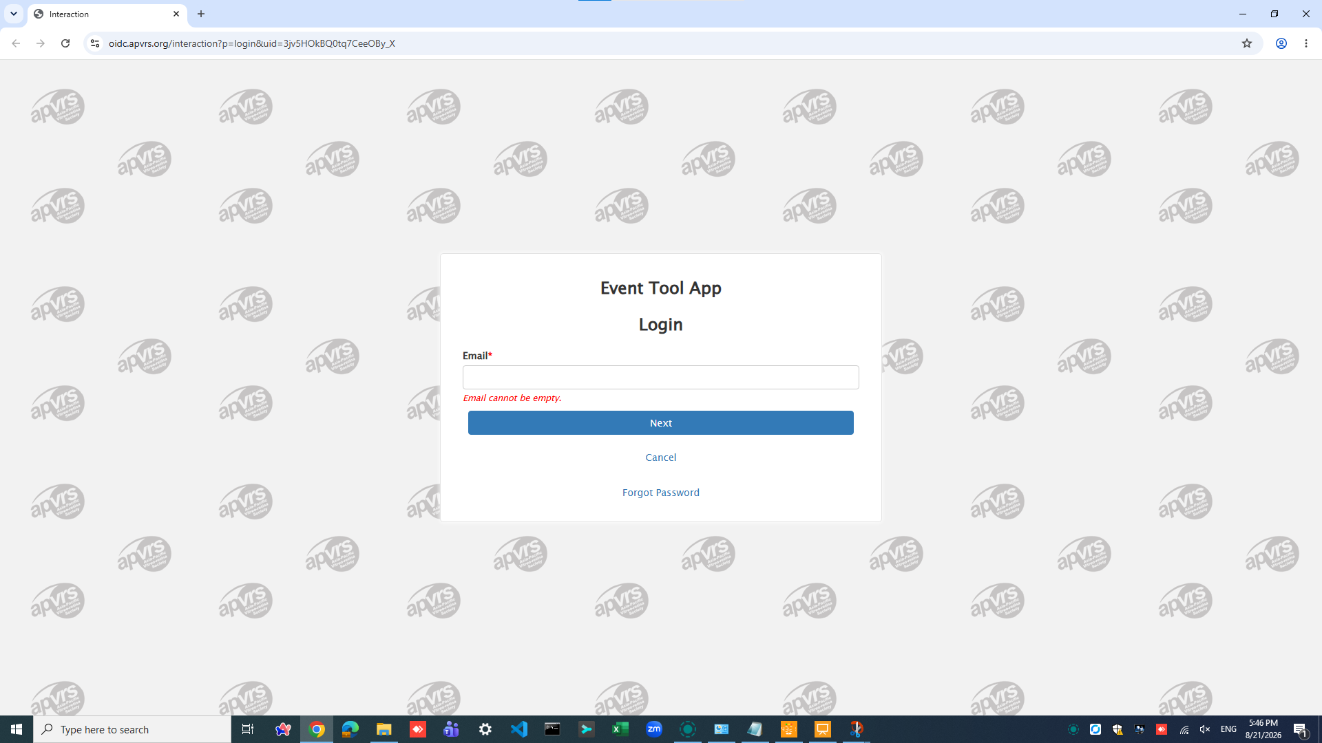 Browser authentication screen for Event Presenter