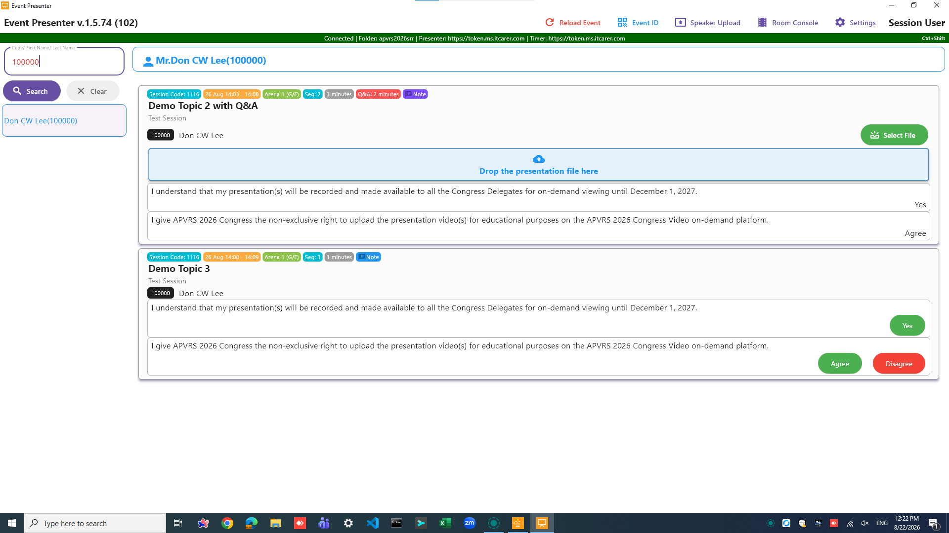 Presentation topic with completed consent questions and an enabled Upload button