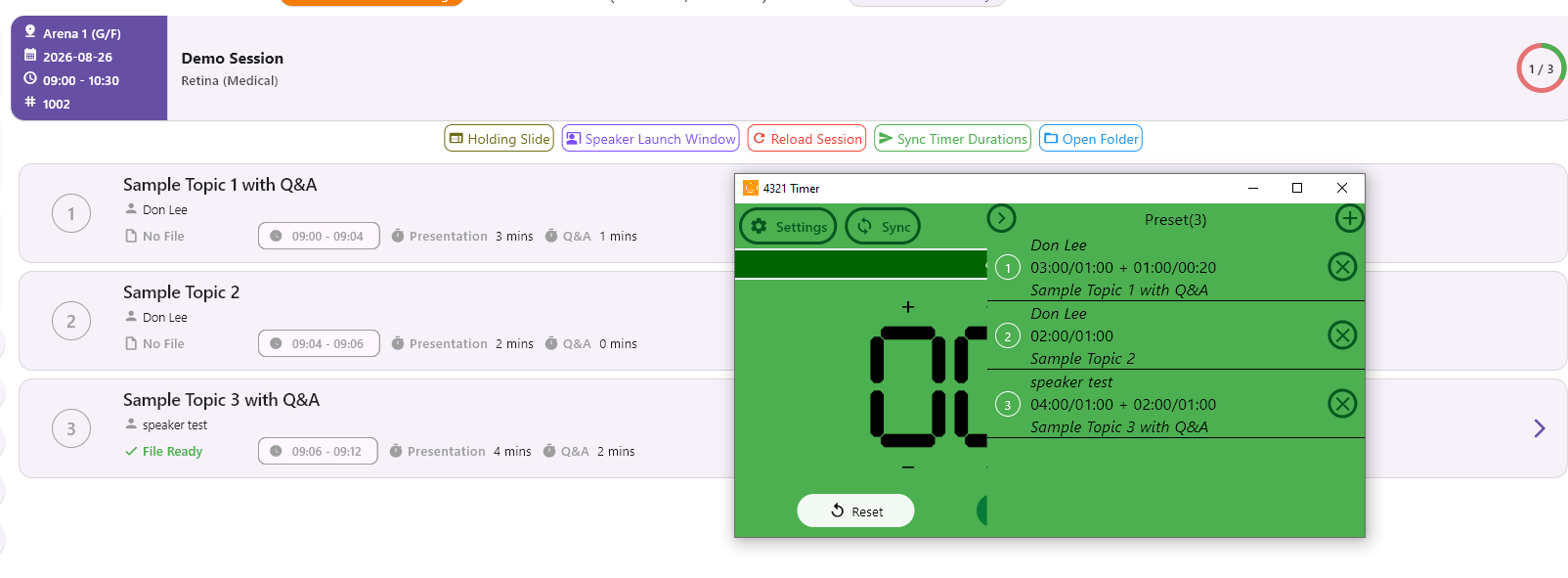 Event Presenter Room Console showing the Sync Timer Durations action.