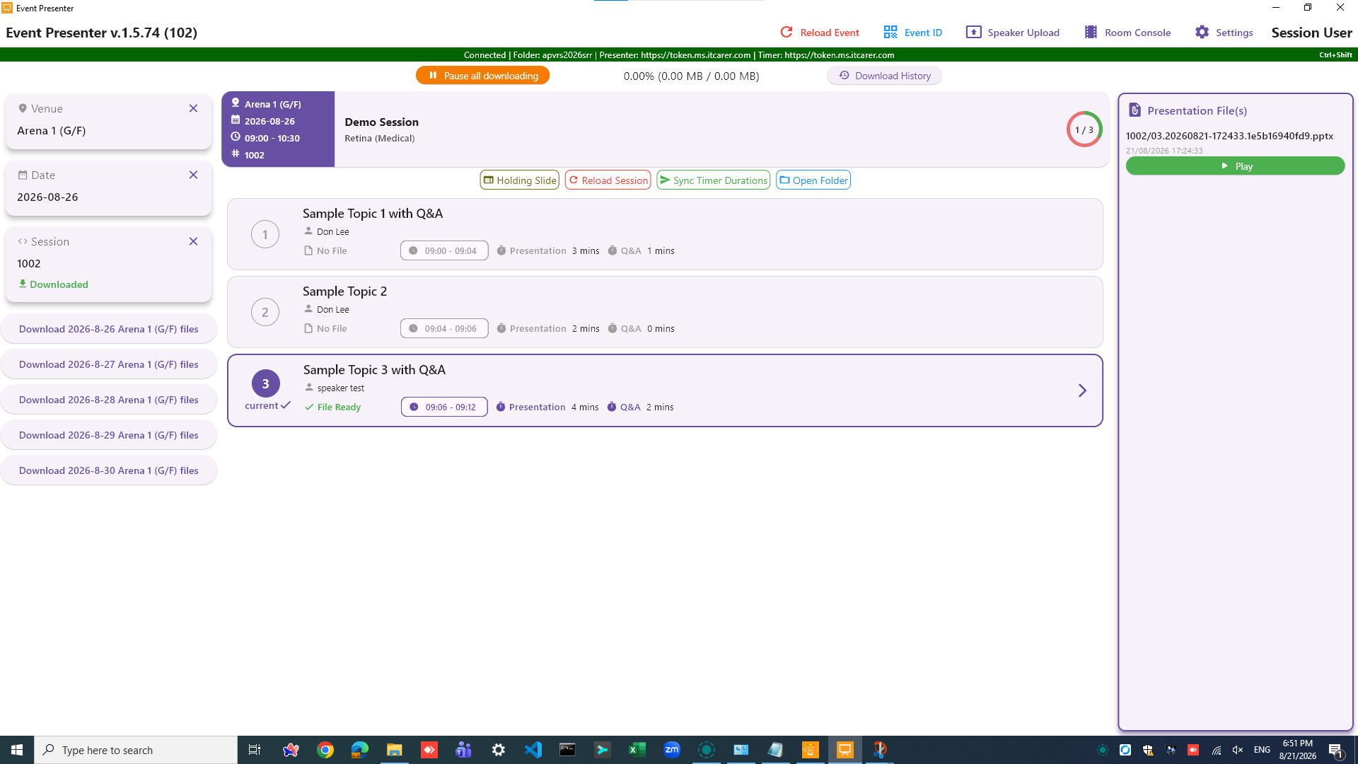 Expanded Room Console topic showing operator notes, file status, and presentation actions