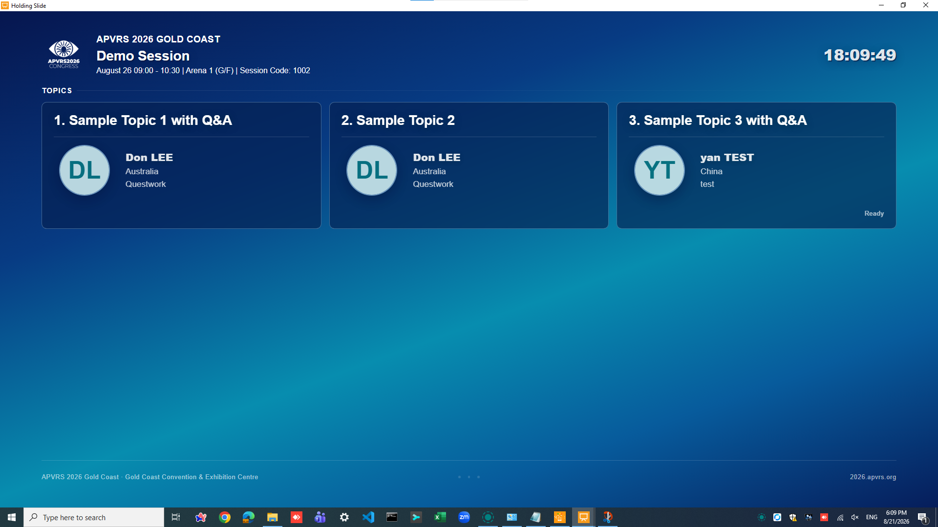 Full-screen Holding Slide with demonstration session, speaker, and topic information