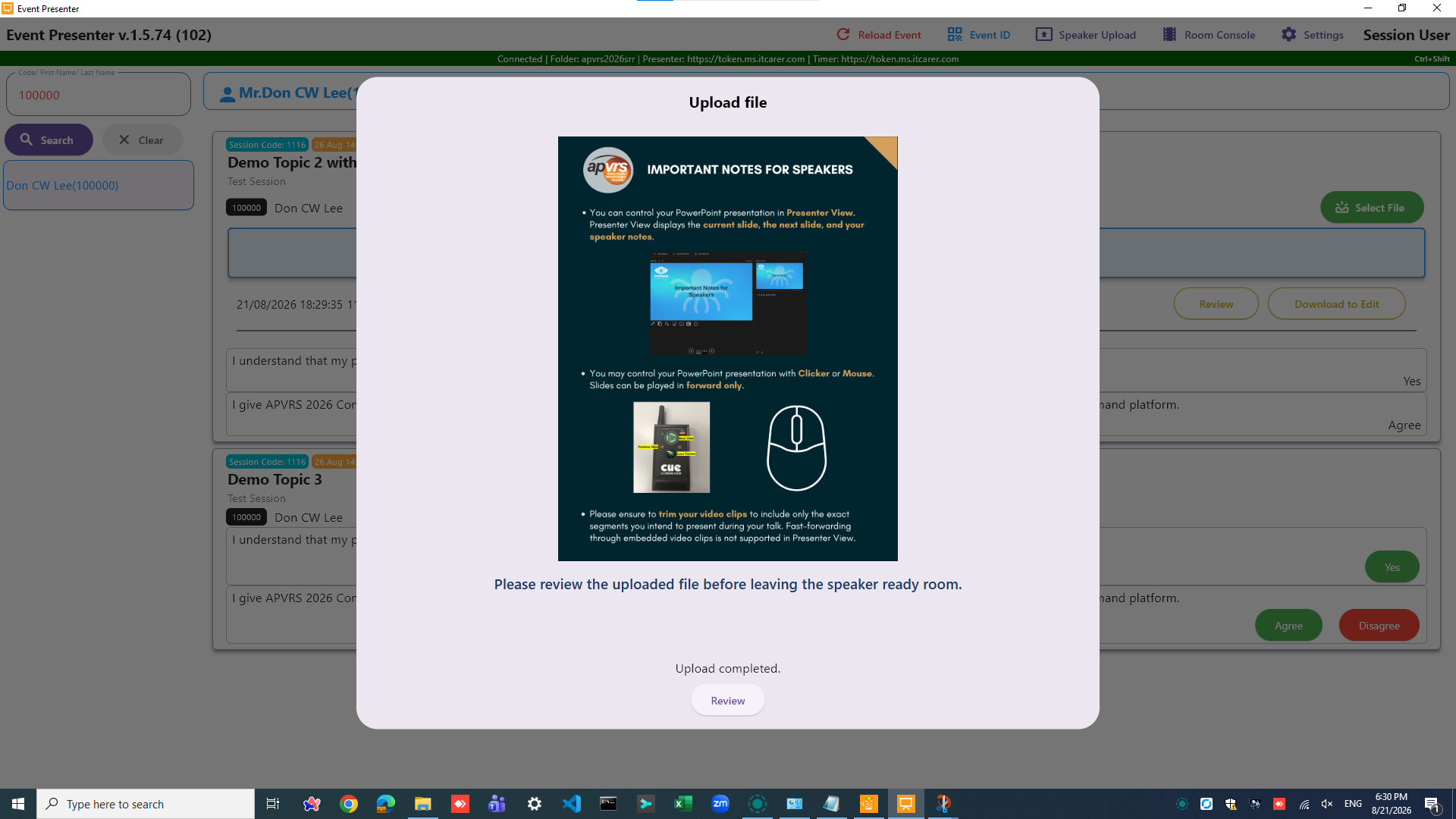 Successfully uploaded presentation with renamed file and confirmation timestamp