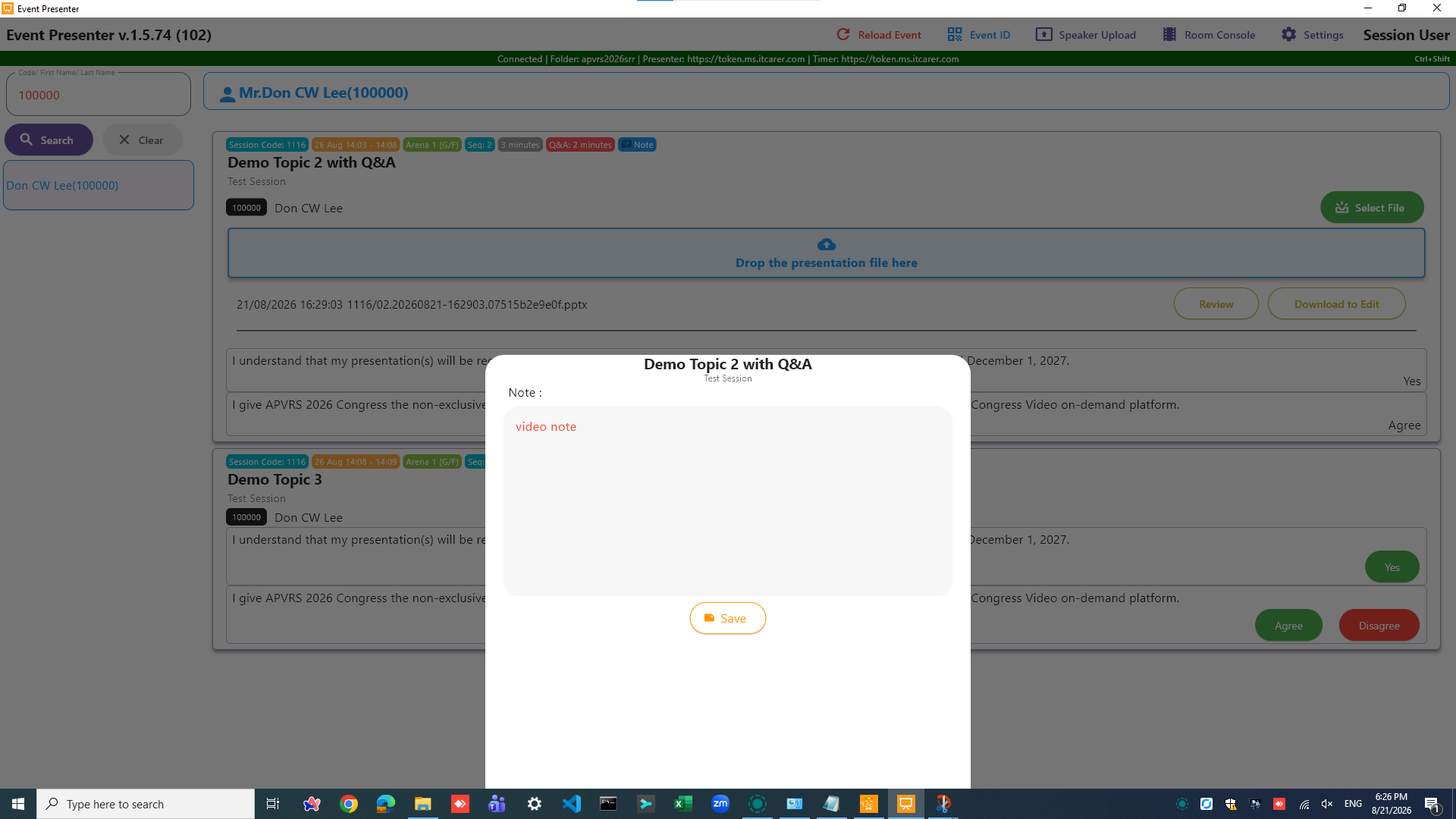 Operator Note dialog for entering presentation playback instructions