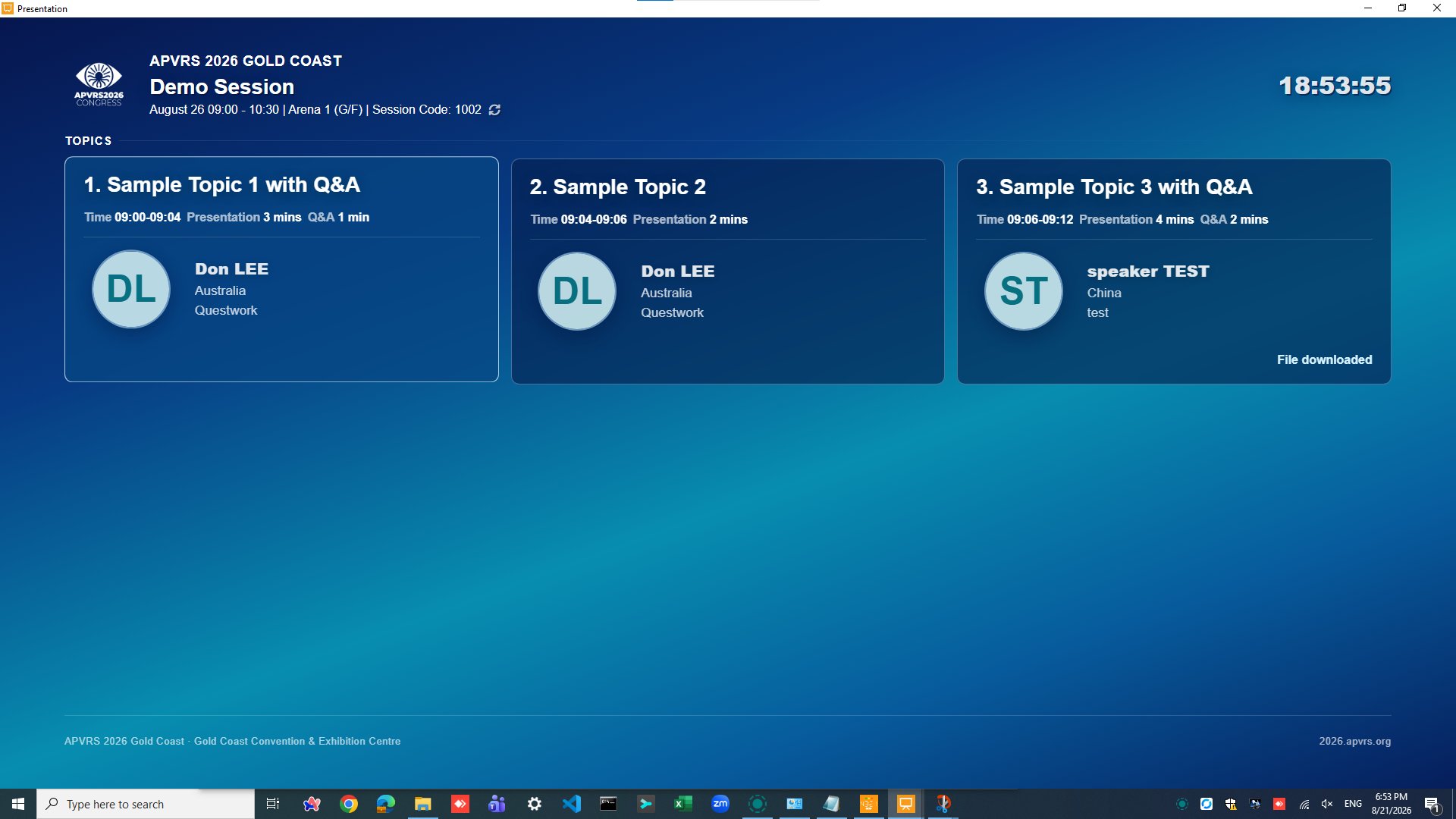 Speaker Launch Window with demonstration presentation topics and launch controls