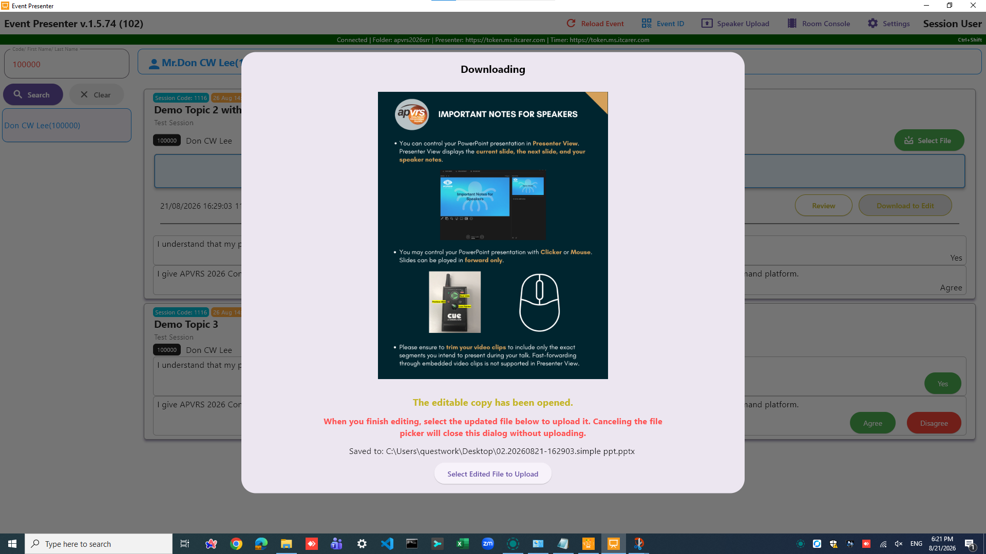 Uploaded presentation showing Download to Edit, Upload, Review, and Note actions