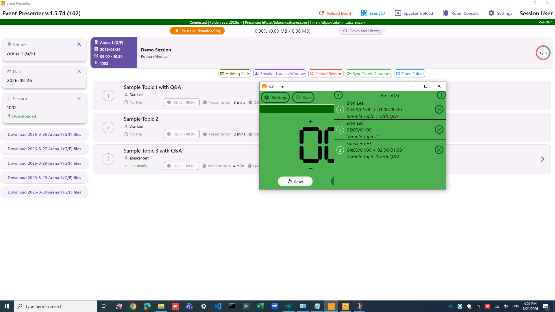 Room Console showing the Sync Timer Durations action for the selected session
