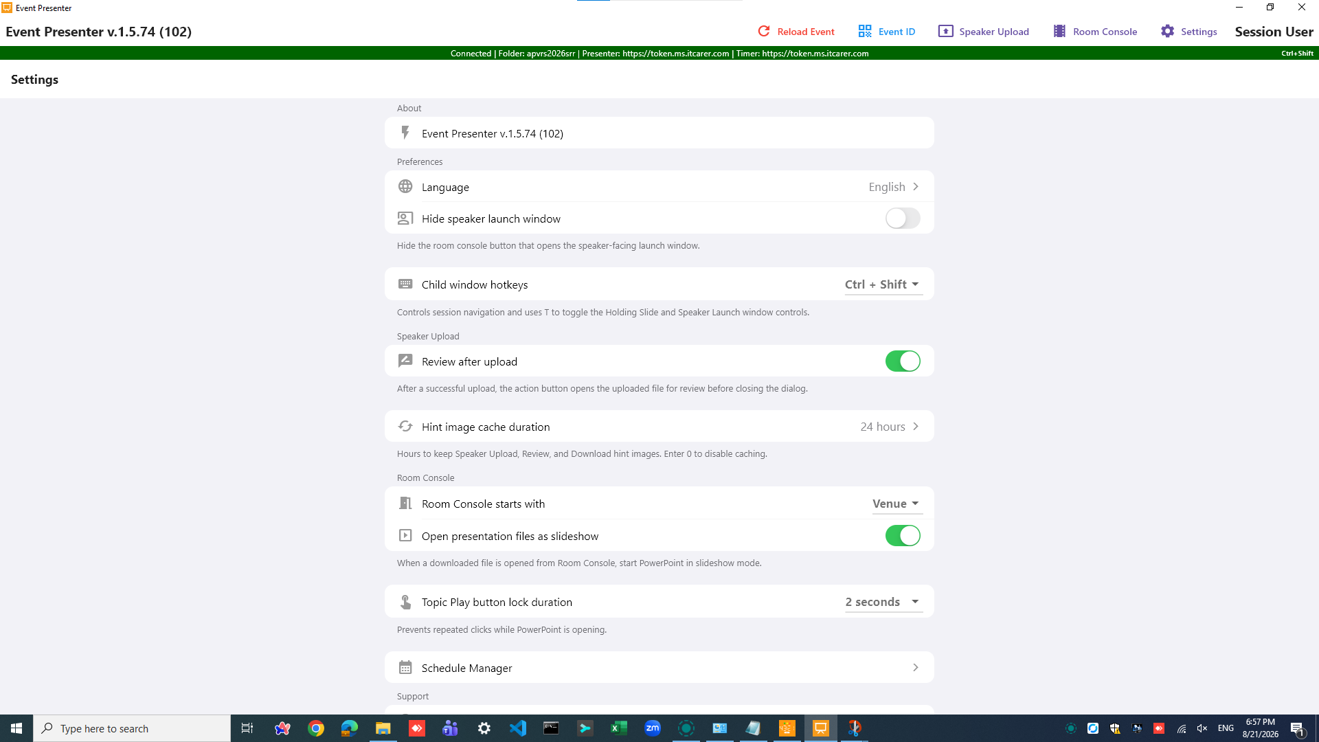 Room Console Settings showing window, Hotkey, review, startup, slideshow, and lock-duration options